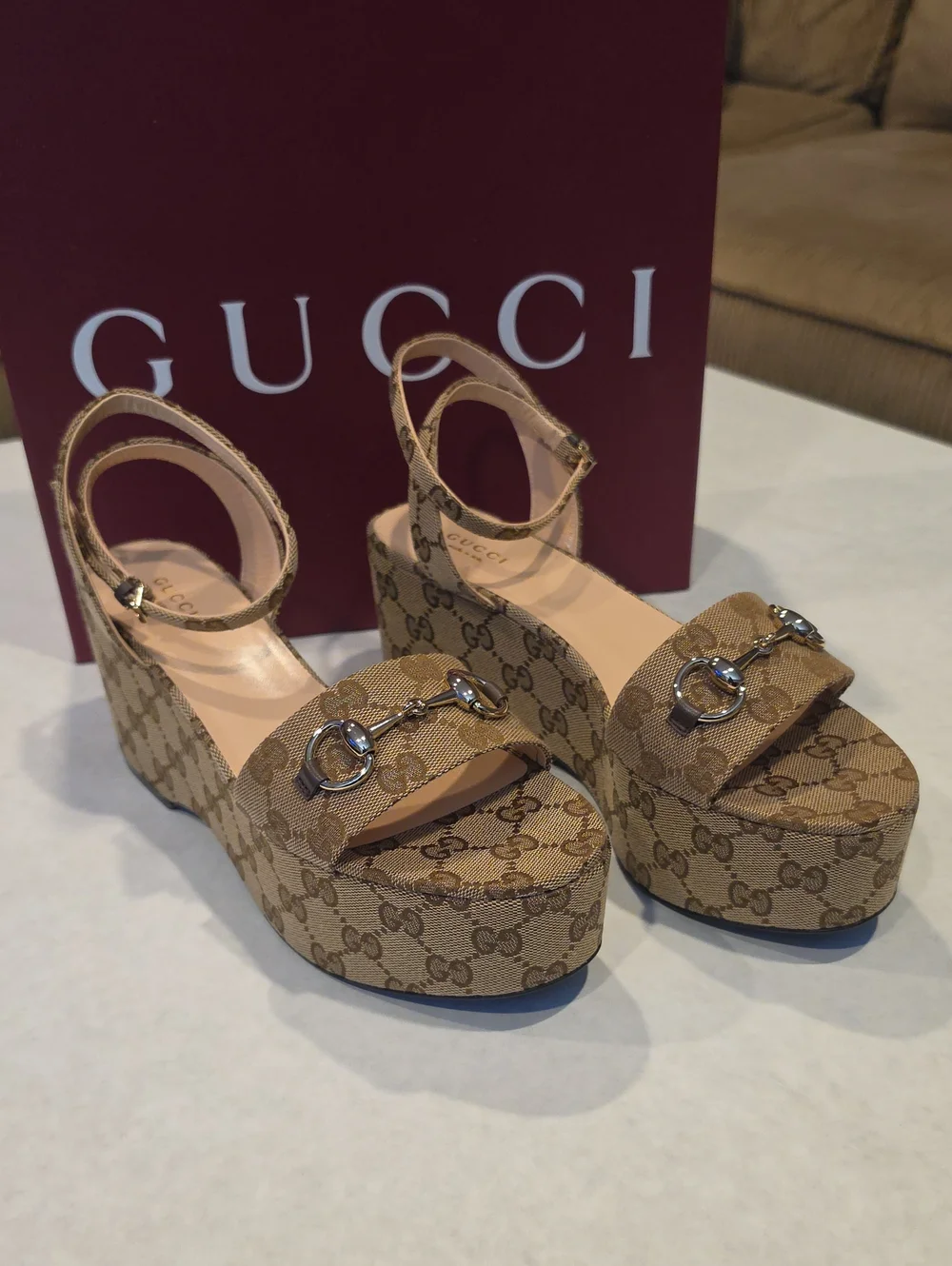 Gucci Brown GG Canvas Platform Wedge Sandals with Horsebit